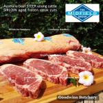 Beef Sirloin AGED BY GOODWINS Australia STEER young cattle (Striploin / New York Strip / Has Luar) chilled whole cut HARVEY +/- 5.5kg (price/kg) PREORDER 1-3 WORK DAYS